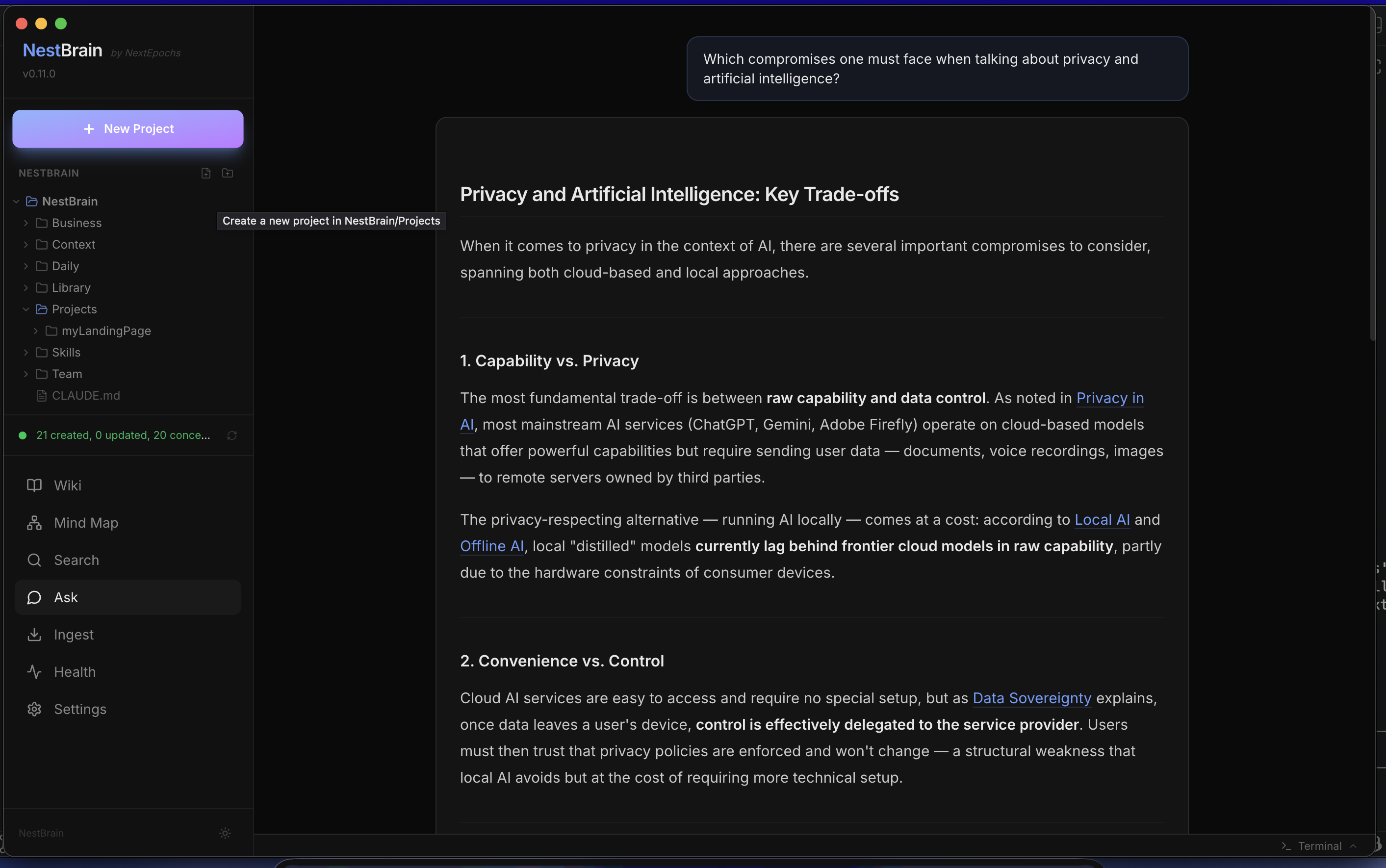 Ask view — natural language Q&A with cited answers