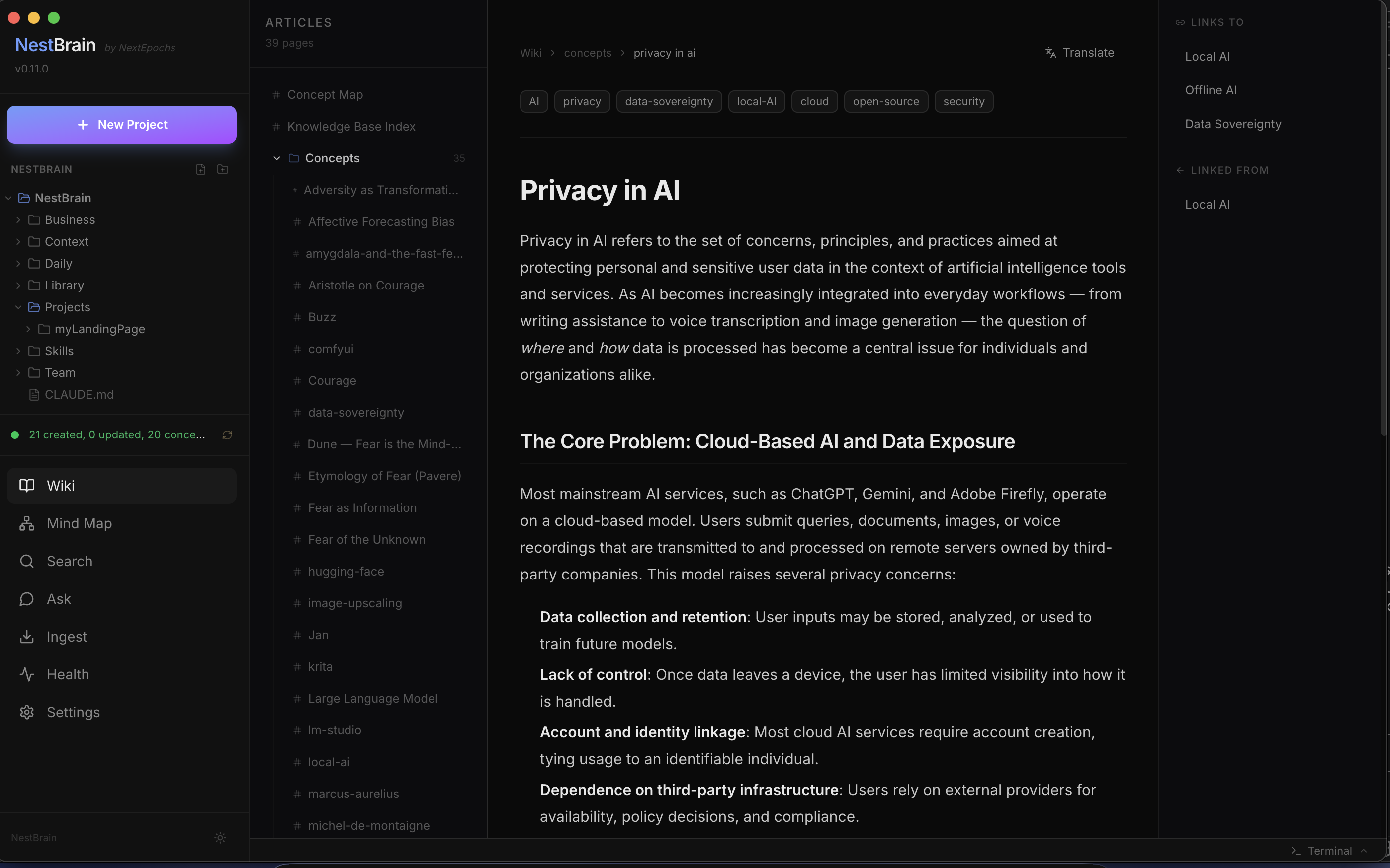 Wiki article view with concepts sidebar and related links
