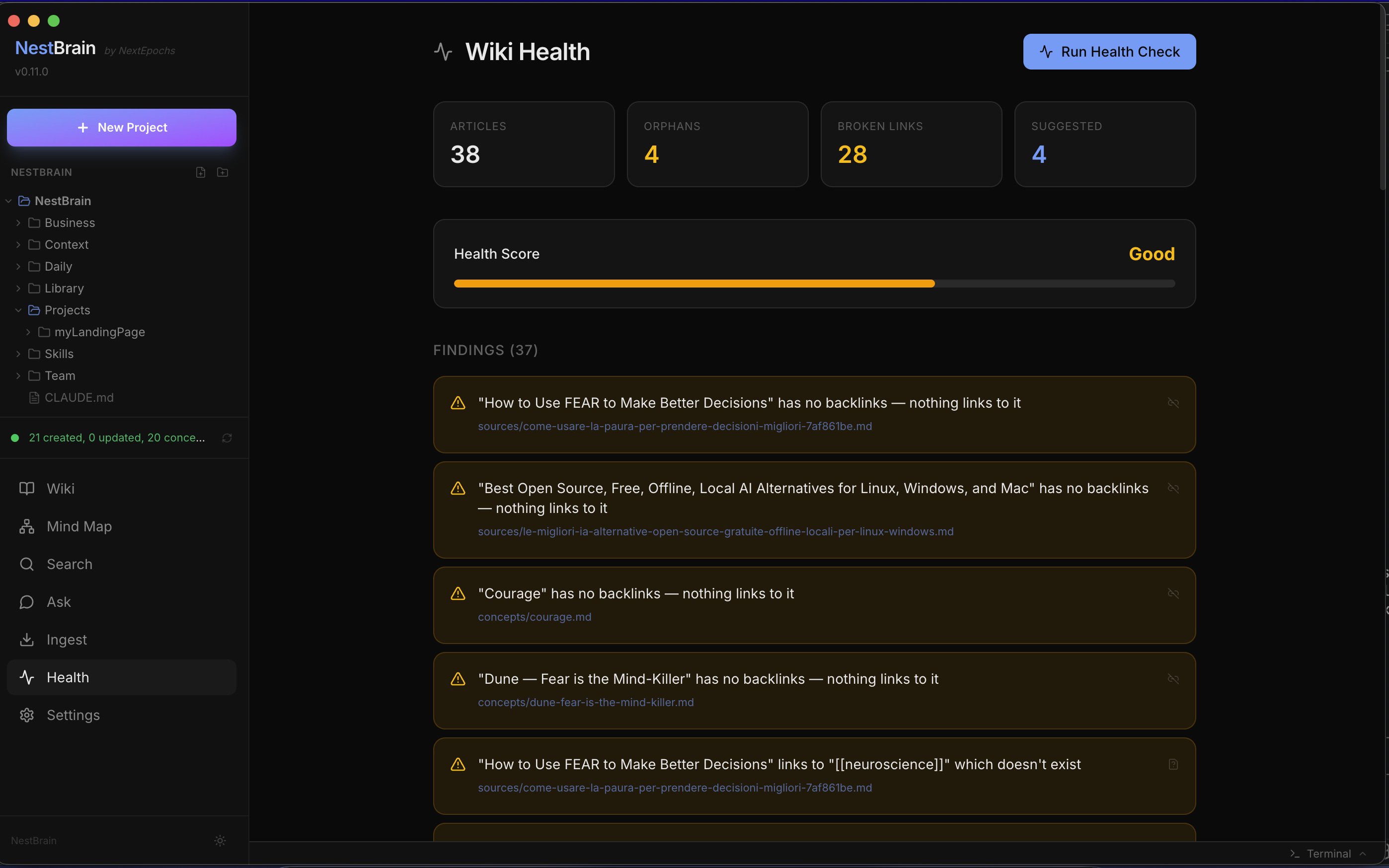 Wiki Health dashboard with score, metrics and findings