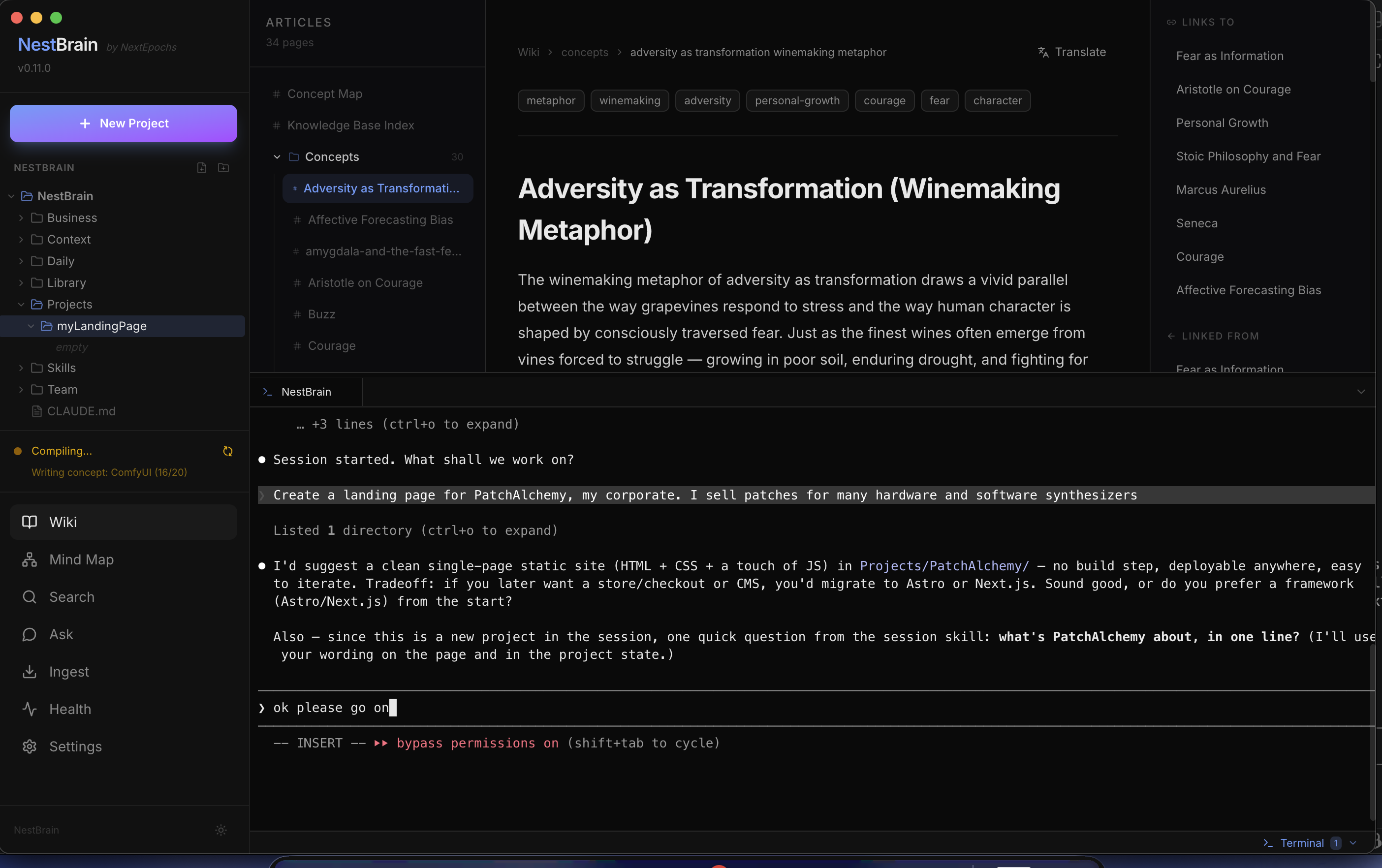 NestBrain integrated workspace — wiki article, file tree sidebar, and a live Claude Code session in the bottom terminal